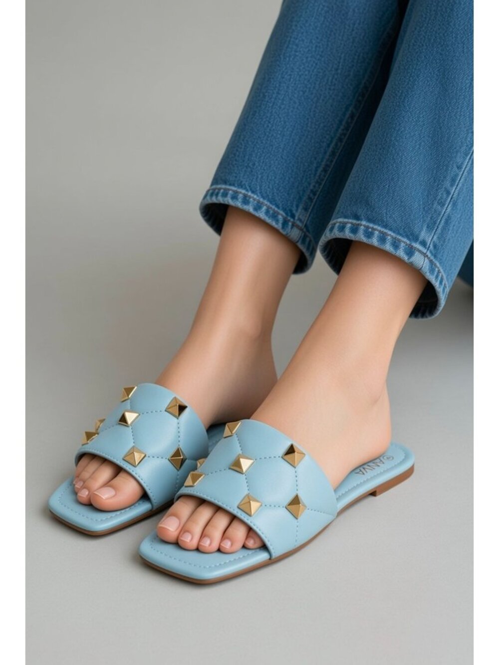 Light Blue Quilted Slide Sandals Gold Studded Square Toe Flats